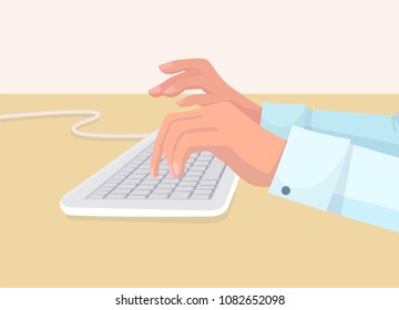 Secretarys hands types on white computer keyboard. Work at office process with help of modern technologies. Report preparation vector illustration.