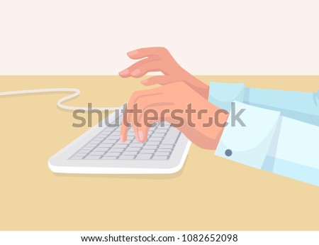 Secretarys hands types on white computer keyboard. Work at office process with help of modern technologies. Report preparation vector illustration.