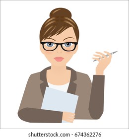 Secretayr, assistant with folder and pen in his hands isolated on white background, vector illustration