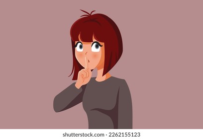
Secretive Woman Keeping her Mouth shut Discreetly Vector Cartoon Illustration. Mysterious girl shutting down rumors asking for silence 
