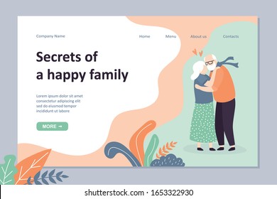 Secrets of a happy family landing page template. Seniors hugging. Loving couple of old people kisses. Cute elderly humans characters.Trendy vector illustration