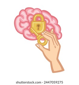 Secrets of the mind, lock on the brain and hand with key vector illustration symbol