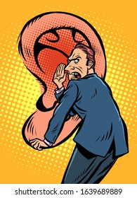 Secrets and rumors concept. A man whispers a secret in big ear. Comic caricature por art retro vector illustration