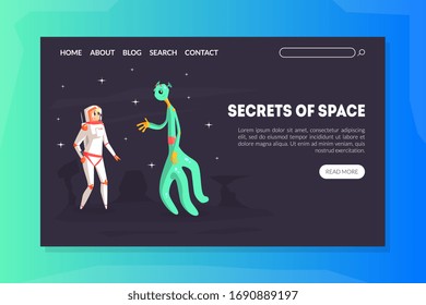 Secrets of Space Landing Page Template with Astronaut and Alien Handshaking Vector illustration