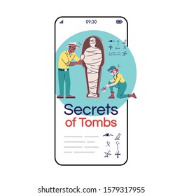 Secrets of tombs social media posts smartphone app screen. Mobile phone displays with cartoon characters design mockup. Study of mummy of Egypt pharaoh application telephone interface