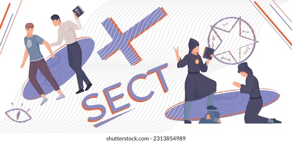 Sect cult composition with collage of flat icons with religious symbols prayers and occult church priest vector illustration