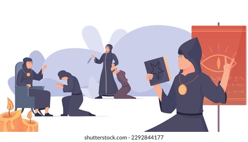 Sect cult flat composition with characters of cultists with books knives and prayers with burning candles vector illustration