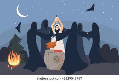 Sect cult flat composition with night forest scenery and group of cultists offering chicken in sacrifice vector illustration