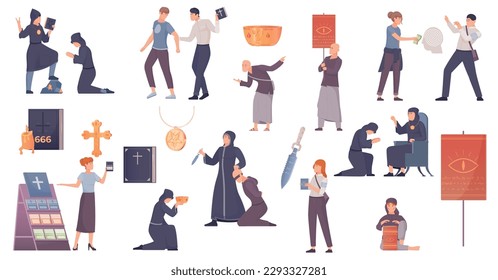 Sect cult flat set with isolated icons of religious symbols books and people on blank background vector illustration