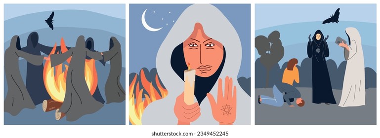 Sect cult set of three square compositions with outdoor views of cultists performing rituals near bonfire vector illustration