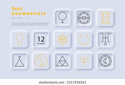 Sect set icon. Eye, cross, hourglass, pyramid, yin yang, star of David, ancient symbols, spiritual, esoteric, astrology, religious, cult, mystic, neomorphic style, occult, symbolism, philosophy