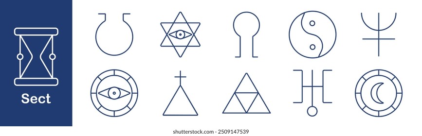 Sect set icon. Hourglass, star, eye, cross, crescent, yin yang, triangle, symbols, spiritual, mystic, ritual, religion, cult, esoteric, occult, mysticism, tradition, belief