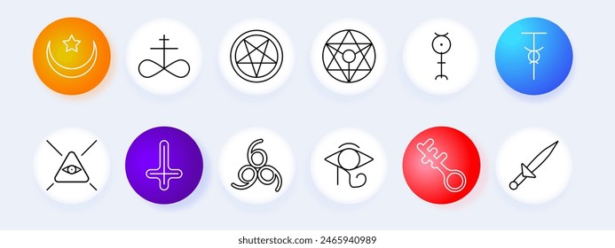 Sect set icon. Pentagram, occultism, Sigil of Baphomet, ritual dagger, sacrifices, inverted cross, Satan, 666, eye, key, crescent moon with star, infinity sign, worship, faith. Cult concept.