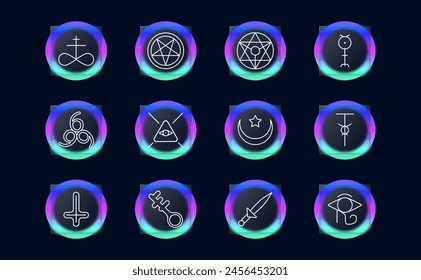 Sect set icon. Pentagram, Sigil of Baphomet, ritual dagger, sacrifices, inverted cross, Satan, 666, eye, key, crescent with star, infinity sign, worship, persuasion, glassmorphism. Cult concept.