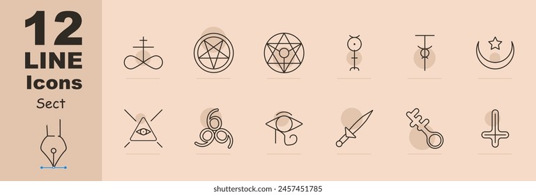 Sect set icon. Pentagram, Sigil of Baphomet, ritual dagger, sacrifices, inverted cross, Satan, 666, eye, key, crescent with star, infinity sign, worship, persuasion. Cult concept.