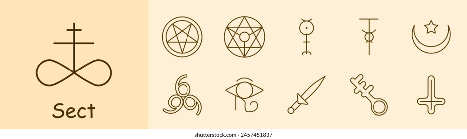 Sect set icon. Pentagram, Sigil of Baphomet, ritual dagger, sacrifices, inverted cross, Satan, 666, eye, key, crescent with star, infinity sign, worship, persuasion. Cult concept.