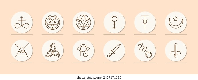 Sect set icon. Pentagram, Sigil of Baphomet, ritual dagger, sacrifices, inverted cross, Satan, 666, eye, key, crescent with star, infinity sign, worship, belief, faith, persuasion. Cult concept.