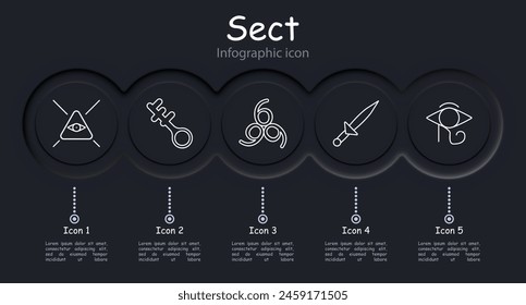 Sect set icon. Pentagram, Sigil of Baphomet, ritual dagger, sacrifices, inverted cross, Satan, 666, eye, key, infographic, worship, belief, faith, persuasion. Cult concept.