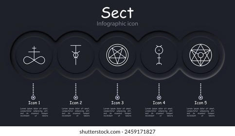 Sect set icon. Pentagram, Sigil of Baphomet, ritual dagger, sacrifices, inverted cross, Satan, 666, eye, sign, worship, belief, faith, persuasion, infographic. Cult concept.