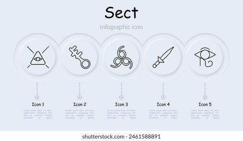 Sect set icon. Pentagram, Sigil of Baphomet, ritual dagger, sacrifices, inverted cross, Satan, 666, eye, key, infographic, worship, belief, faith, persuasion. Cult concept.