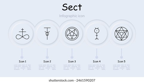 Sect set icon. Pentagram, Sigil of Baphomet, ritual dagger, sacrifices, inverted cross, Satan, 666, eye, sign, worship, belief, faith, persuasion, infographic. Cult concept.