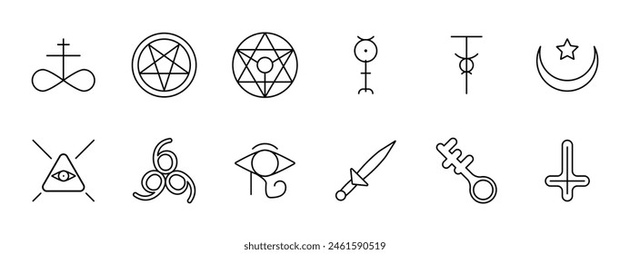 Sect set icon. Pentagram, Sigil of Baphomet, ritual dagger, sacrifices, inverted cross, Satan, 666, eye, key, crescent with star, infinity sign, worship, belief, faith, persuasion. Cult concept.