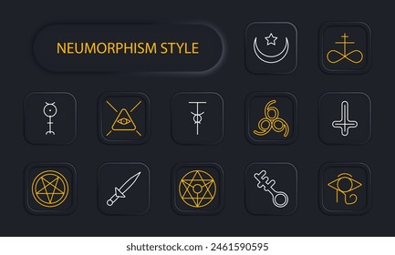 Sect set icon. Pentagram, Sigil of Baphomet, ritual dagger, sacrifices, inverted cross, Satan, 666, neomorphism, key, crescent, star, infinity sign, worship, belief, faith, persuasion. Cult concept.