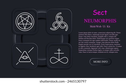 Sect set icon. Pentagram, Sigil of Baphomet, ritual dagger, sacrifices, inverted cross, Satan, 666, eye, key, infographic, worship, belief, faith, persuasion, neomorphism. Cult concept.