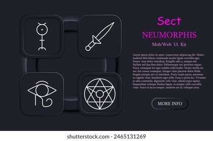 Sect set icon. Pentagram, Sigil of Baphomet, ritual dagger, sacrifices, inverted cross, Satan, 666, eye, key, infographic, worship, belief, faith, persuasion, neomorphism. Cult concept.