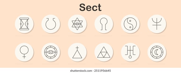 Sect set icon. Symbols, spiritual signs, religious icons, esoteric symbols, mystical emblems, neomorphic style, belief systems