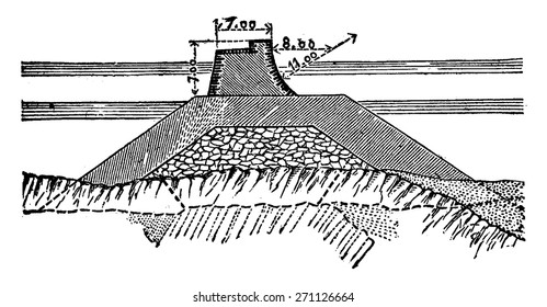 Section across the dam Socoa., vintage engraved illustration. Industrial encyclopedia E.-O. Lami - 1875.