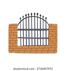 Section of an architectural barrier featuring a curved black wrought iron fence or gate with spikes and supporting brickwork, creating a secure boundary element