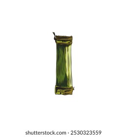 Section of a bamboo stem. Hand drawn. Green color. Natural texture. Sketch style. Graphic design element. Botanical vector illustration isolated on white background.