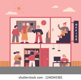 Section of the building. working people in office. flat design style vector graphic illustration.