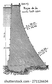 Section of the dam of the Pas-du-Riot, vintage engraved illustration. Industrial encyclopedia E.-O. Lami - 1875.