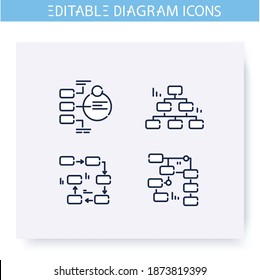 Section diagram types line icons set. Business, management, structure visualisation. Infographic, presentation or planning scheme. Simple design. Isolated vector illustration. Editable stroke 