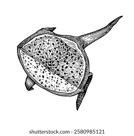 Section of dragon fruit. Pitaya ink sketch. Hand drawn vector illustration. Retro style.