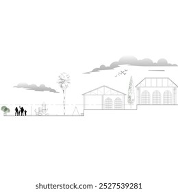 section and elevation sketches of housing with differences in ground height are sketched with dimensions and notations. the addition of silhouettes of people, clouds, trees beautifies the sketch