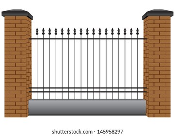 Section of the fence with steel rods and pillars of brick. Vector illustration.