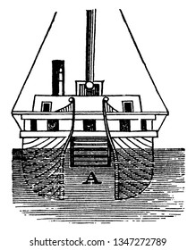 Section of the Floating Battery Fulton built to defend New York Harbor from the Royal Navy during the War of 1812, vintage line drawing or engraving illustration.
