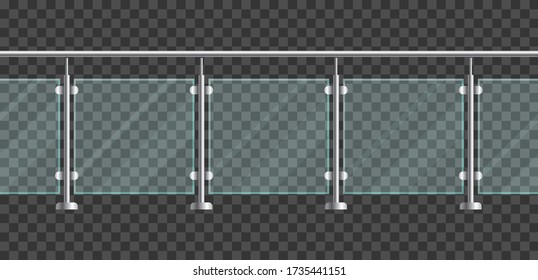 Section of glass fences with metal tubular railing and transparent sheets. Vector glass balustrade with metal handrails for home stairways and balcony. Banister or fencing sections with steel pillars.