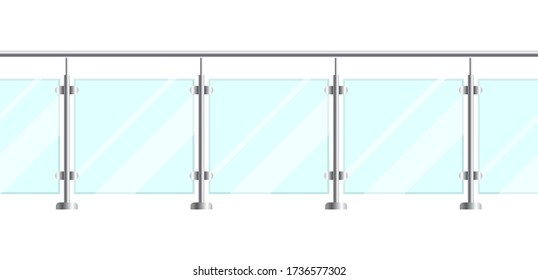 Section of glass fences with metal tubular railing and transparent sheets. Vector glass balustrade with metal handrails for home stairways and balcony. Banister or fencing sections with steel pillars