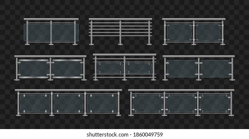 Section of glass fences with metal tubular railing and transparent sheets for home stairways, house balcony. Metal handrails. Glass balustrade with iron banister front and angle view. Vector.