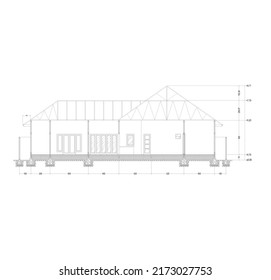 section of the house that has a lightweight steel roof truss and stone foundation, sketched with dimensions and elevation