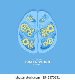 Section of the human brain with gear in papercut style. Blue cardboard cutting layers symbol of right and left hemisphere. Creative vector brainstorm concept for business flyers, teamwork posters