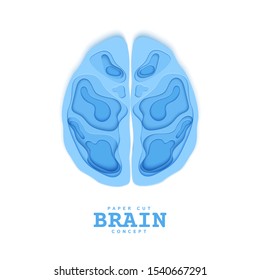Section of the human brain in papercut style. Blue cardboard cutting layers symbol of right and left hemisphere. Creative vector brainstorm concept for business flyers, teamwork posters