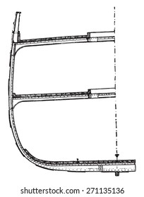 Sección de un buque de hierro, ilustración vintage grabada. Enciclopedia industrial E.-O. Lami - 1875. 