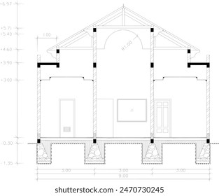 section of a one-story house with high walls and wooden roof construction