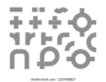 Section path street, road and highway set, top view. Line elements road for transport city map. Different types piece of route. Piece asphalt path turn, join, roundabout, crossroads. Vector