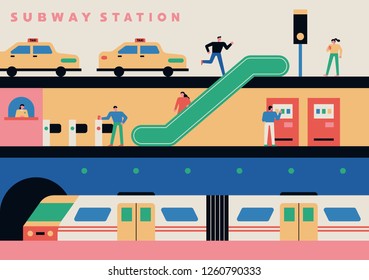 Section Of Platform Of Subway And Ground Taxi Station. Concept Illustration. Flat Design Vector Graphic Style.